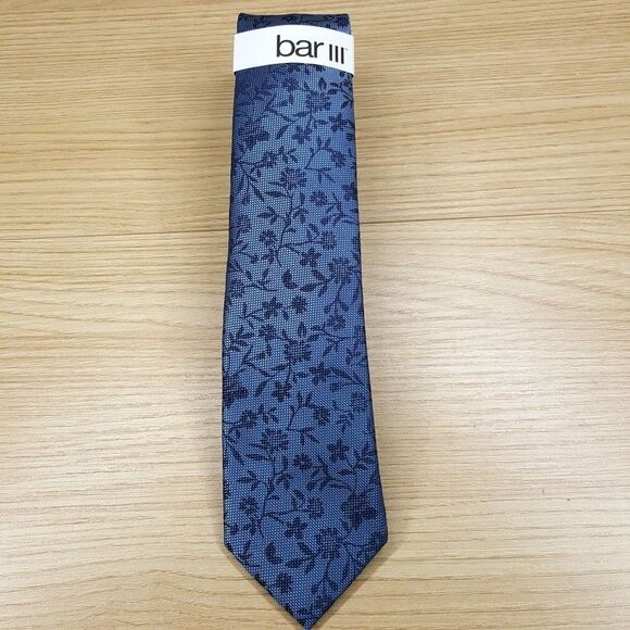 BAR III Mens Neck Tie Blue Floral Roses Slim Pointed Woven Textured Silk Blend - Picture 2 of 6
